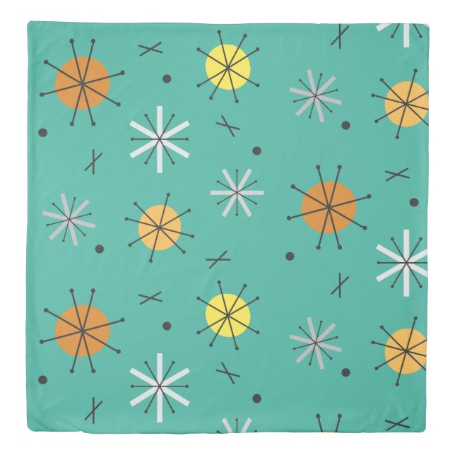 Atomic Age Planets Starbursts Turquoise Duvet Cover (Front)