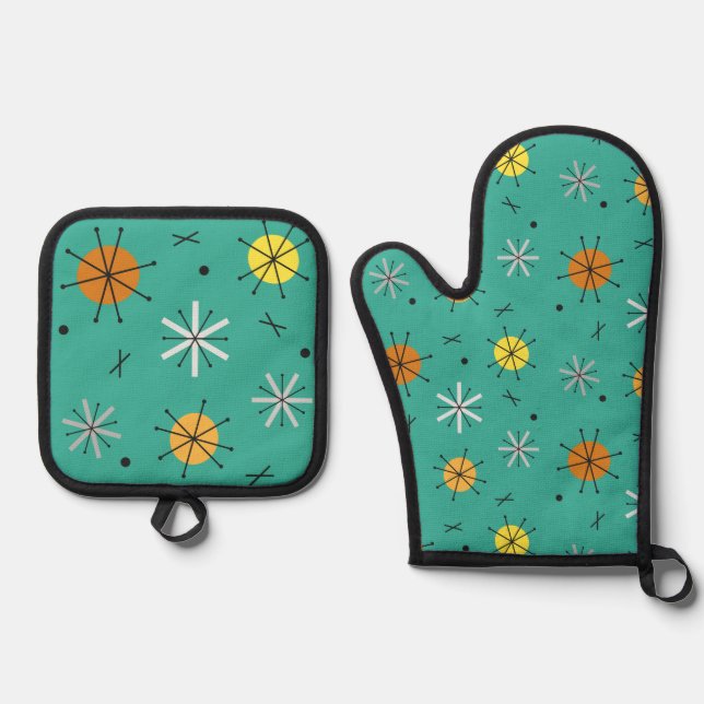 Atomic Age Planets Starbursts Turquoise Oven Mitt & Pot Holder Set (Front)