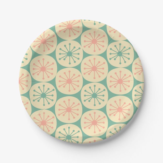 Atomic Age Retro Dot Pattern Teal Blush Cream Paper Plates (Front)
