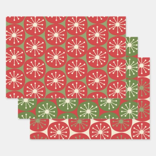Atomic Age Retro Dots in Christmas Green Red Cream Wrapping Paper Sheets