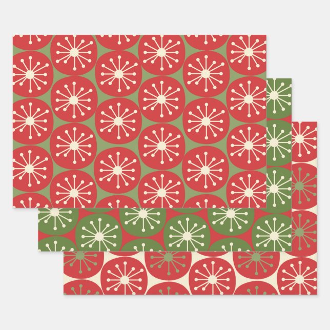 Atomic Age Retro Dots in Christmas Green Red Cream Wrapping Paper Sheets (Set)