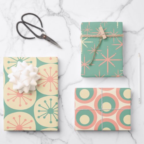 Atomic Age Retro Patterns Blush Pink and Teal Wrapping Paper Sheets