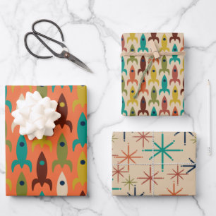 Atomic Age Retro Rockets and Mid Mod Starbursts Wrapping Paper Sheets