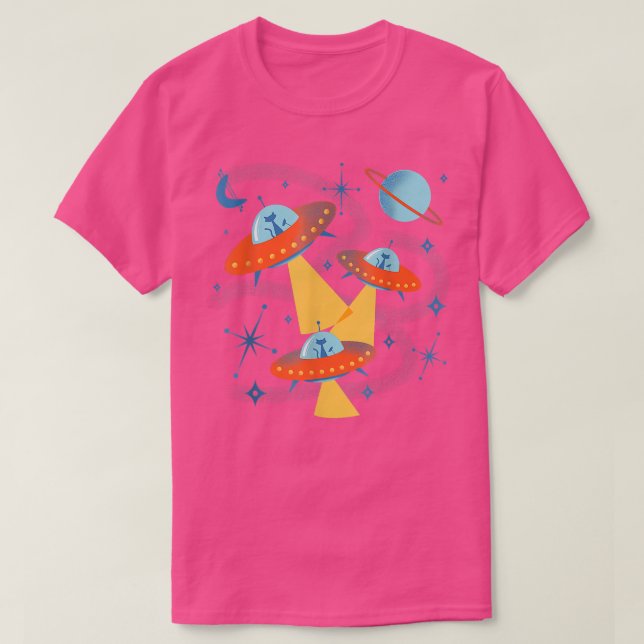 Atomic Age Space Cadets Cats in Retro Flying Sauce T-Shirt (Design Front)