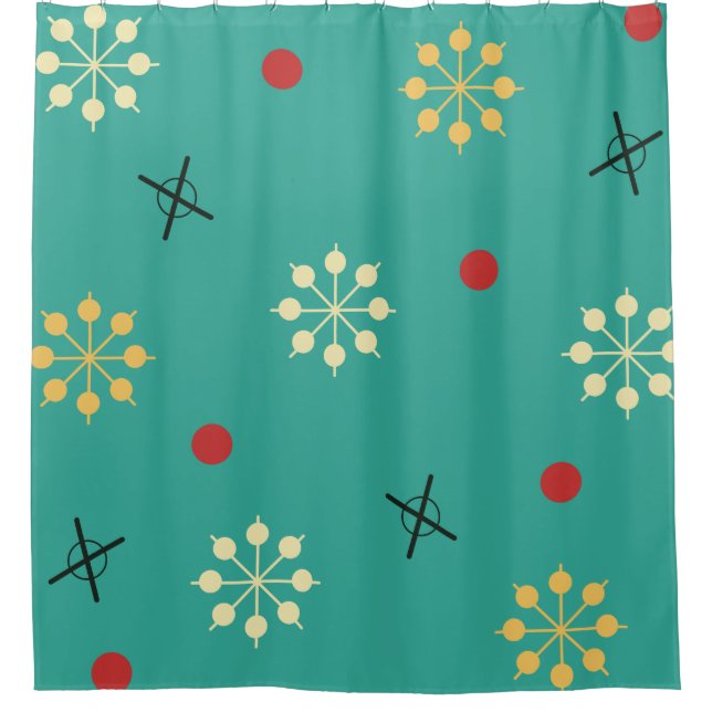 Atomic Age Sputnik Starbursts Turquoise Shower Curtain (Front)