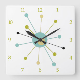 Atomic Age Starburst Mid Century Modern Numbers Square Wall Clock