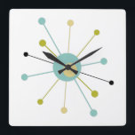 Atomic Age Starburst Mid Century Modern Square Wall Clock<br><div class="desc">This colorful mid century modern clock features an atomic starburst in turquoise blue,  avocado green,  cream,  and black. So fun to add to your wall!</div>