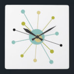 Atomic Age Starburst Mid Century Modern Square Wall Clock<br><div class="desc">This colorful mid century modern clock features an atomic starburst in turquoise blue,  avocado green,  cream,  and black. So fun to add to your wall!</div>