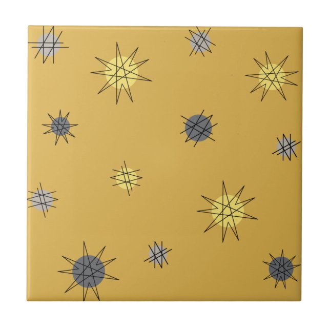 Atomic Age Starburst Planets Ochre Gray Ceramic Tile (Front)