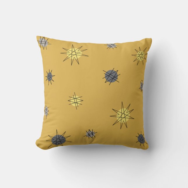 Atomic Age Starburst Planets Ochre Gray Throw Pillow (Front)