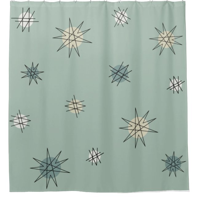 Atomic Age Starburst Planets Sage Green Shower Curtain (Front)