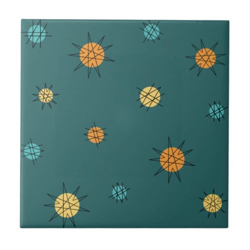 Atomic Age Starburst Planets Teal Ceramic Tile