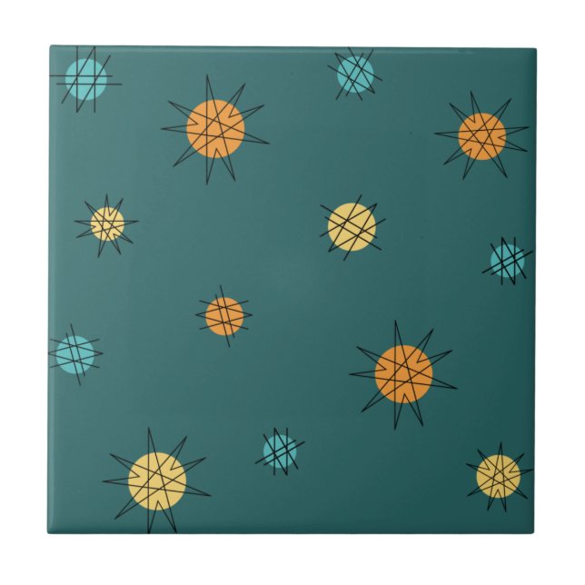 Atomic Age Starburst Planets Teal Ceramic Tile (Front)