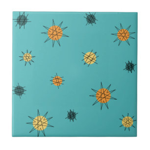 Atomic Age Starburst Planets Turquoise Ceramic Tile