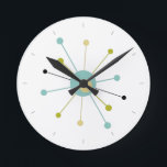 Atomic Age Starburst With Lines Mid Century Round Clock<br><div class="desc">This colorful mid century modern round clock features an atomic starburst in turquoise blue,  avocado green,  cream,  and black. So fun to add to your wall!</div>