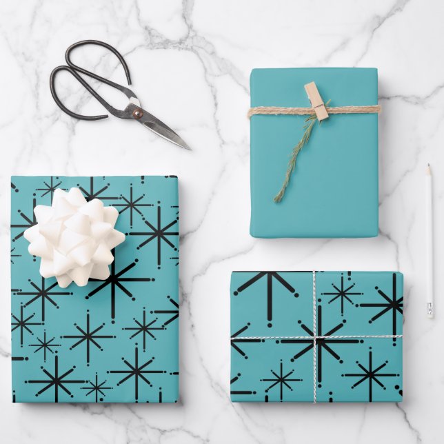 Atomic Age Starbursts Black and 50s Turquoise Wrapping Paper Sheets (Front)
