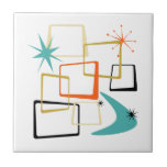 Atomic Age Stars Boomerang Squares Mid Century Ceramic Tile<br><div class="desc">Add that splash of fun and color to your kitchen or bathroom with this fabulous atomic era mid century modern ceramic tile. This design features abstract squares,  starbursts,  and a boomerang in the colors of orange,  turquoise,  yellow,  gold,  and black... so funky!</div>