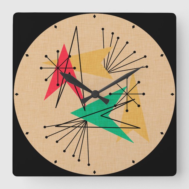 Atomic Arrows and Starbursts Mid Century Modern Square Wall Clock (Front)