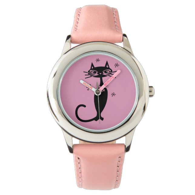 ATOMIC BLACK CAT PINK RETRO WRIST WATCH (Front)