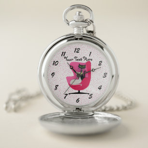 Atomic Black White Cats Pink Chair Polka Dots Pocket Watch