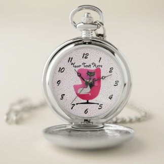 Atomic Black White Cats Pink Chair Polka Dots Pocket Watch