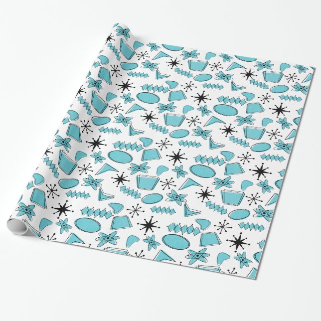 Atomic Blue and Black on White Medium Scale Wrapping Paper (Unrolled)
