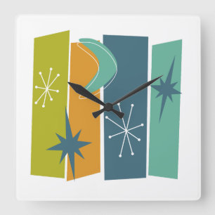 Atomic Boomerang Starburst Rectangles Mid Mod Square Wall Clock