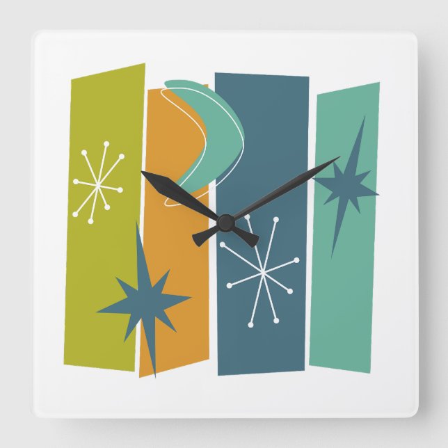 Atomic Boomerang Starburst Rectangles Mid Mod Square Wall Clock (Front)