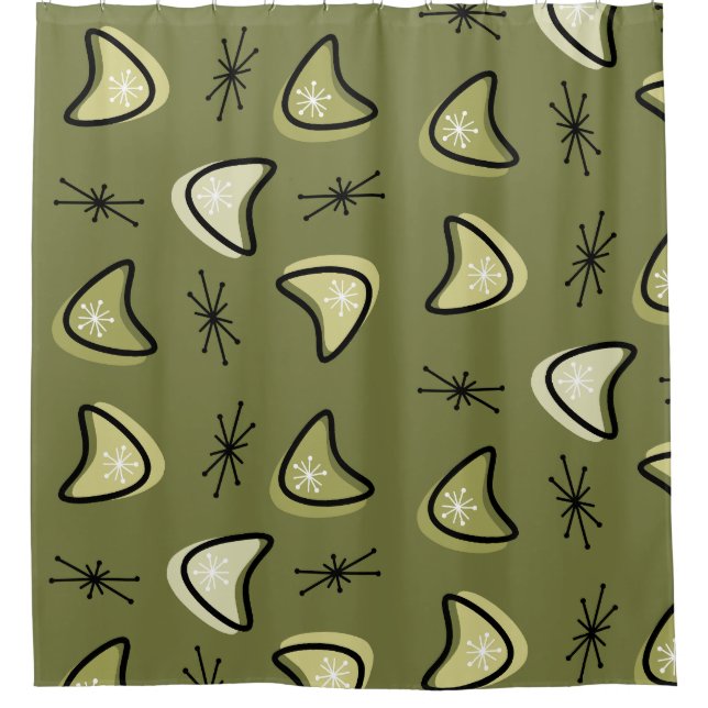 Atomic Boomerangs Starbursts Olive Green Shower Curtain (Front)
