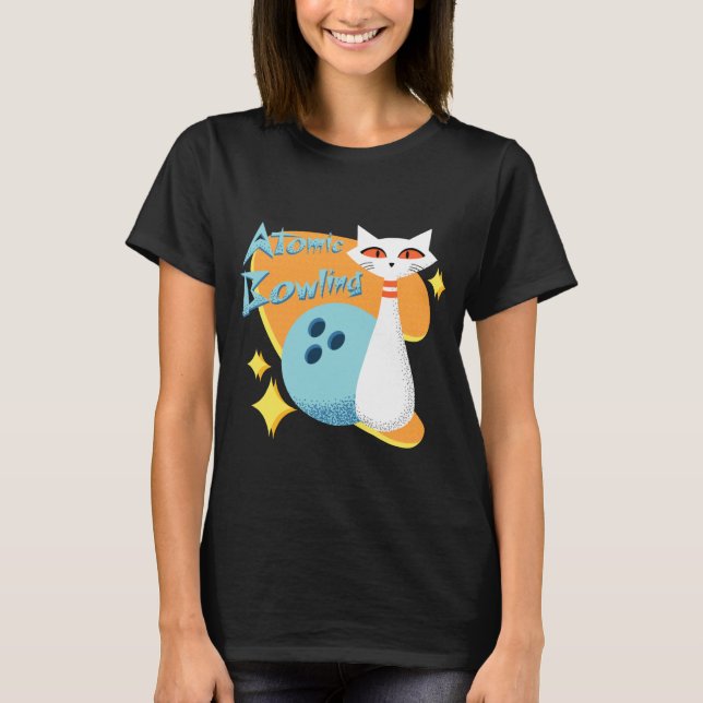 Atomic Cat in Mid-Century Modern Bowling Design T-Shirt (Front)