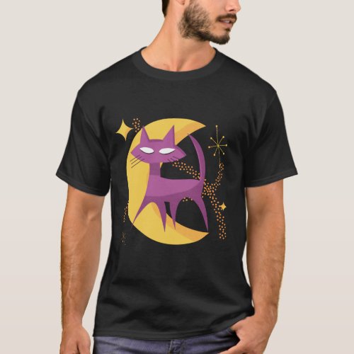 Atomic Cat in Moon Mid_Century Modern Halloween T_Shirt