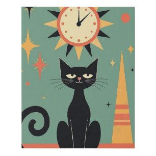 "Atomic Cat & Starburst Clock – Mid-Century Modern Faux Canvas Print