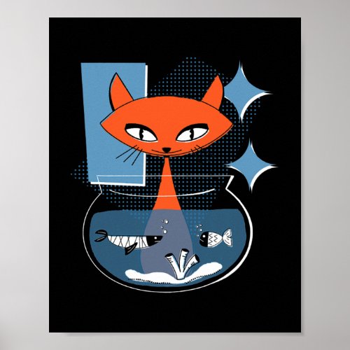 Atomic Cat with Fish Bowl Mid Century Modern Poster