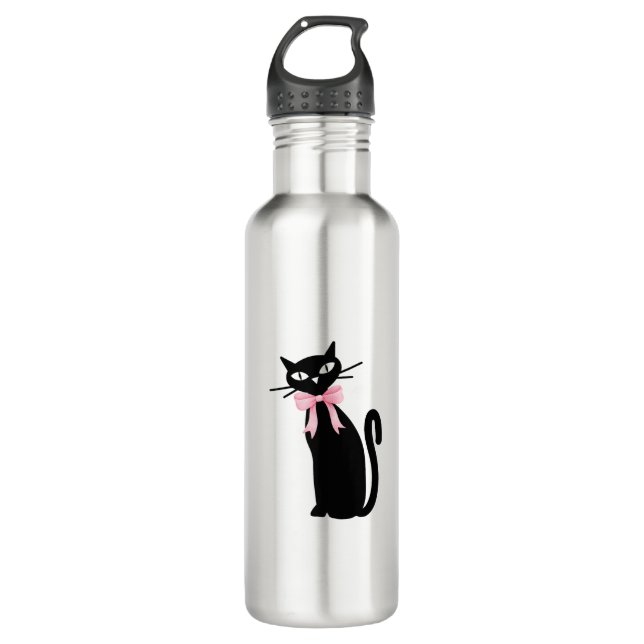 Atomic Cat With Pink Bow Cat Girly Clean Girl Kitt Stainless Steel Water Bottle (Front)