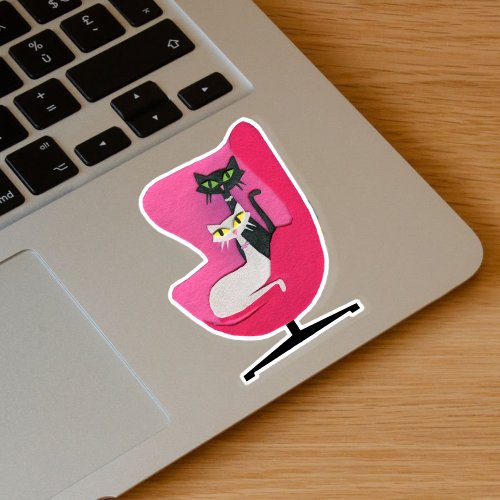 Atomic Cats Black White Sitting in Pink Chair Sticker