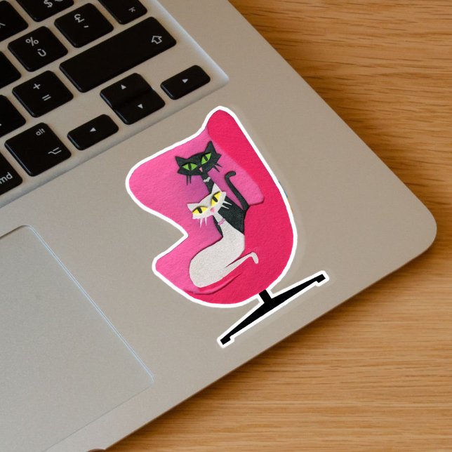 Atomic Cats Black White Sitting in Pink Chair Sticker (Mid century black and white cats sitting in mod hot pink chair on a vinyl sticker.)