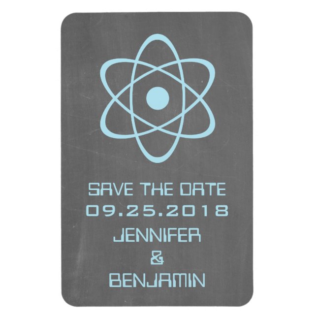 Atomic Chalkboard Save the Date Magnet, Blue Magnet (Vertical)
