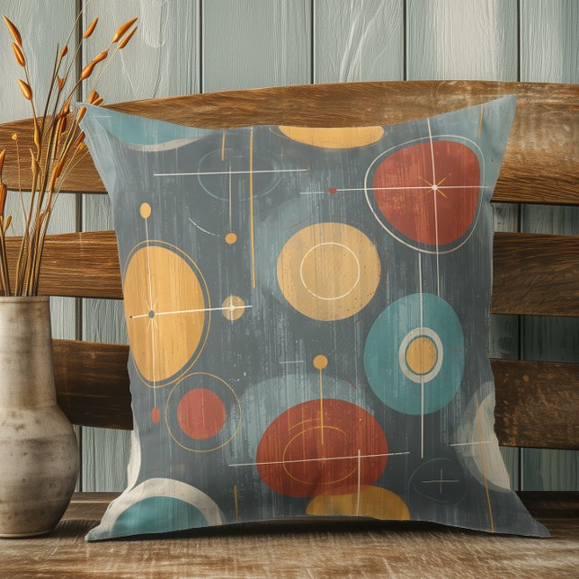 Atomic Circles – Greige & Teal Mid Century Modern Throw Pillow (Creator Uploaded)