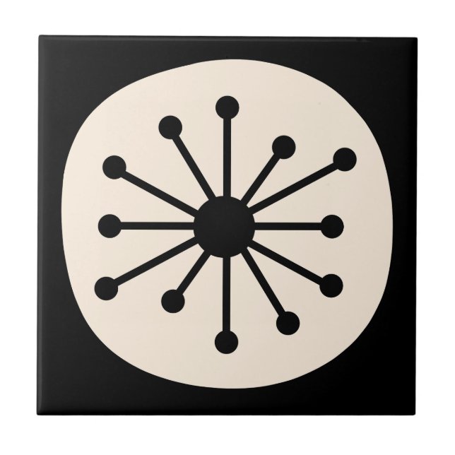 Atomic Dot Mid Century Modern Retro Black & Cream Ceramic Tile (Front)