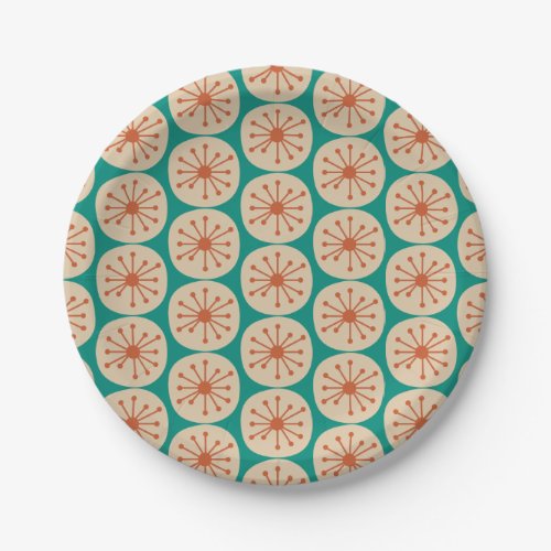 Atomic Dots Retro Mid Mod Pattern Orange Turquoise Paper Plates