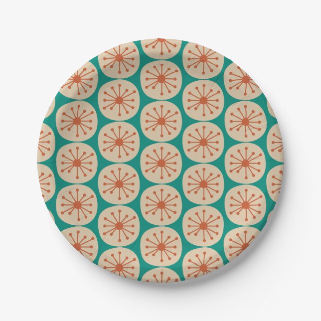 Atomic Dots Retro Mid Mod Pattern Orange Turquoise Paper Plates (Front)
