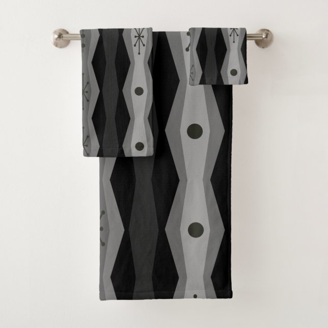 Atomic Era Abstract Columns Black Gray Bath Towel Set (Insitu)