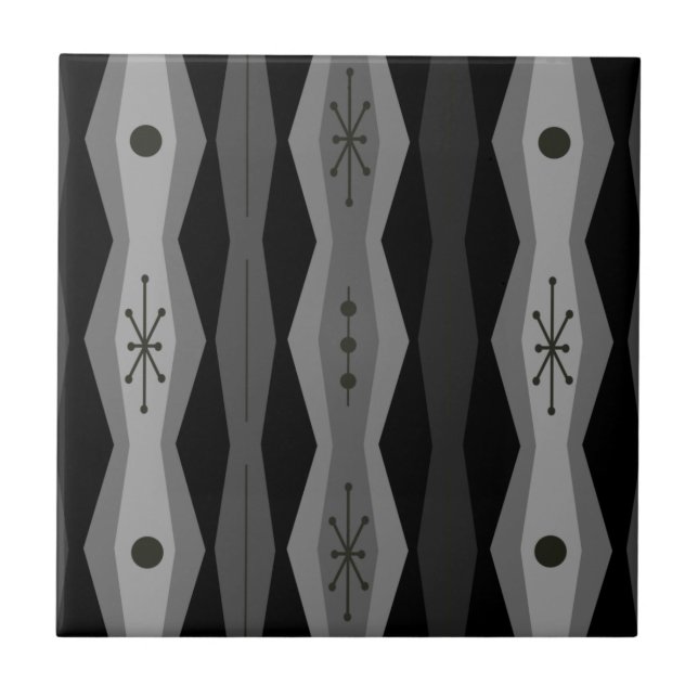 Atomic Era Abstract Columns Black Gray Ceramic Tile (Front)