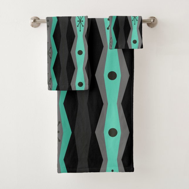 Atomic Era Abstract Columns Black Turquoise Bath Towel Set (Insitu)