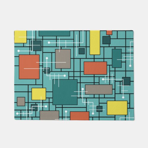 Atomic Era Abstract Lines Boxes Turquoise Doormat