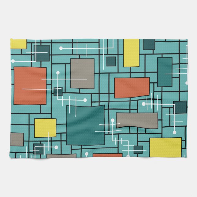 Atomic Era Abstract Lines Boxes Turquoise Kitchen Towel (Horizontal)