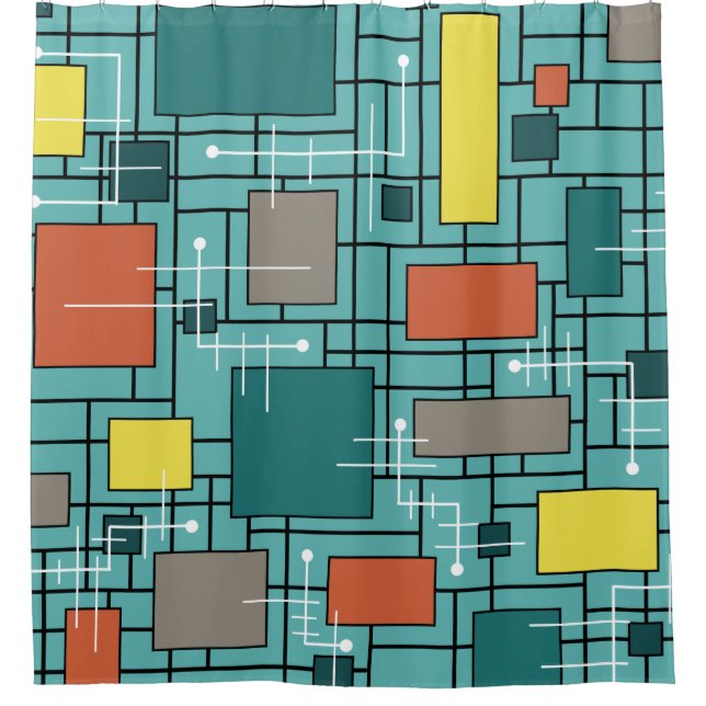 Atomic Era Abstract Lines Boxes Turquoise Shower Curtain (Front)