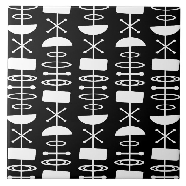 Atomic Era Abstract Symbols Black White Ceramic Tile (Front)