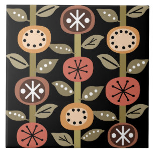 Atomic Era Flowers Art Black Colorful Ceramic Tile