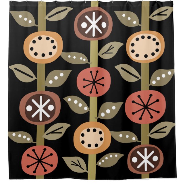 Atomic Era Flowers Art Black Colorful Shower Curtain (Front)